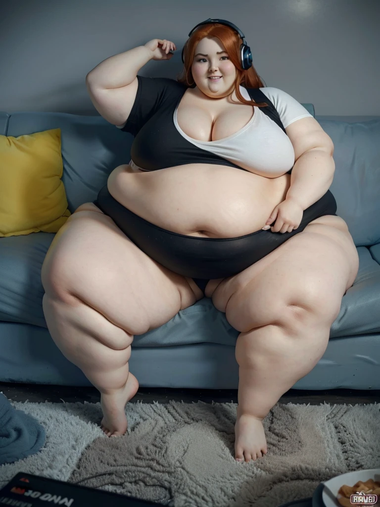 A happy Gamer photo of a young beautiful bottom heavy Gamer redhead ssbbw with pear-bodyhape, extreme wide hips, with long ginger hair soft fat belly, extremely wide fat obese hips, very obese legs, thick fat wide legs and fat arms, huge wide butt, cute pretty face, fat saggy breasts, in comfortable gamer clothes, Wearing a headphone on her head, sitting on a couch eating a lot of snacks, there is a pizza and a lot of snacks next to her on the couch, barefoot on a fluffy carpet, huge amount of snacks on carpet and on the couch