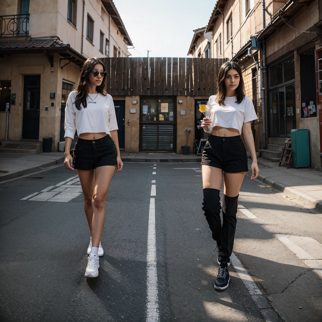 A photograph of three friends playing music on the street in the style of Pop Art with a medium aspect ratio