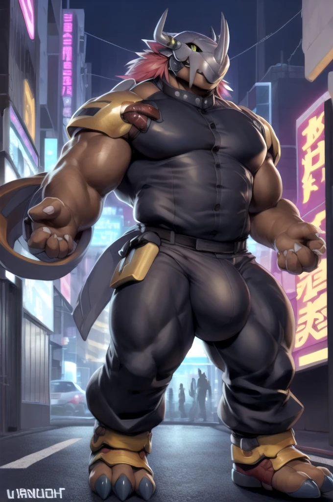 (by null-ghost, by darkgem, by kumak), (wargreymon), safe, markings, black sclera, yellow eyes, male, solo, wearing jacket, pants, solo, muscular, colar, fancy, black shirt, night, city, tokyo, street, akihabara, neon lights, massive bulge, in private bedroom.