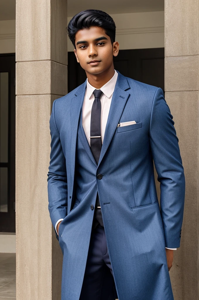 21 year old indian boy With fair skin and narrow body Posing for a linkedin picture in formals coat