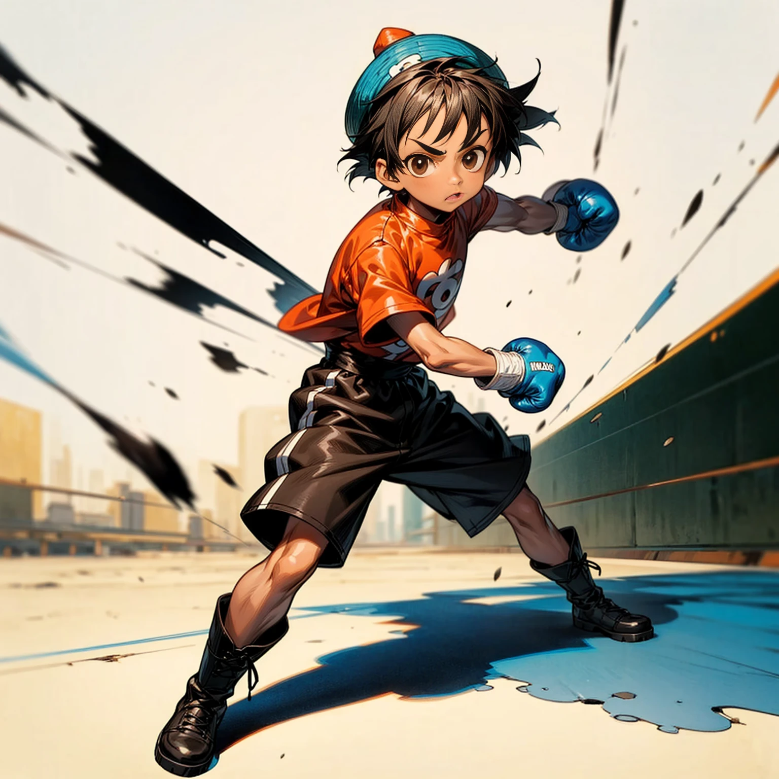 1**********, Full body version, 1character, brown eyes color, tan skin, bowl hairstyle, black colour hair, streetwear style clothing, boots, blue hat, Grassroots background in city, motion blur, (one piece style art), shadow, no weapon, boxing gloves, boxing