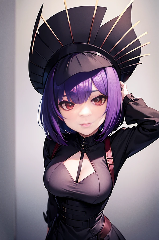 a beautiful girl with violet hair wearing a black dress, extremely detailed facial features, bob haircut, woman wearing a long black and red coat, solo character, white background, anime style, very detailed, photorealistic, 8k, best quality, masterpiece, red eyes, short hair