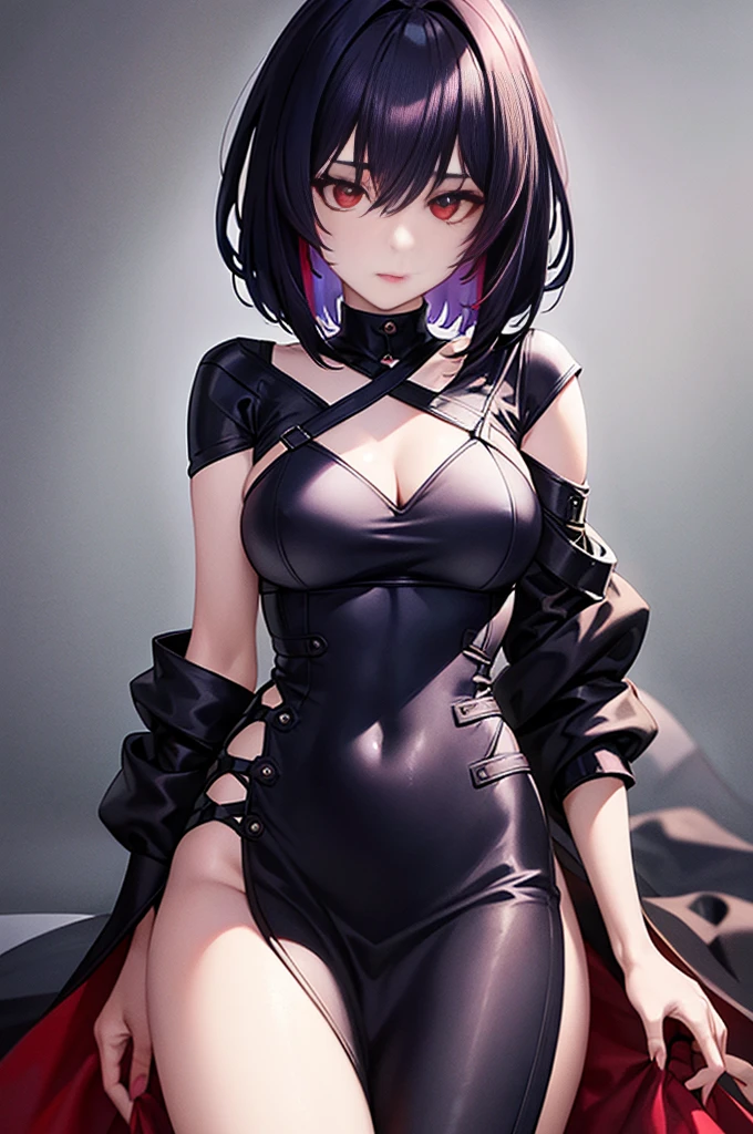 a beautiful girl with violet hair wearing a black dress, extremely detailed facial features, bob haircut, woman wearing a long black and red coat, solo character, white background, anime style, very detailed, photorealistic, 8k, best quality, masterpiece, red eyes, short hair