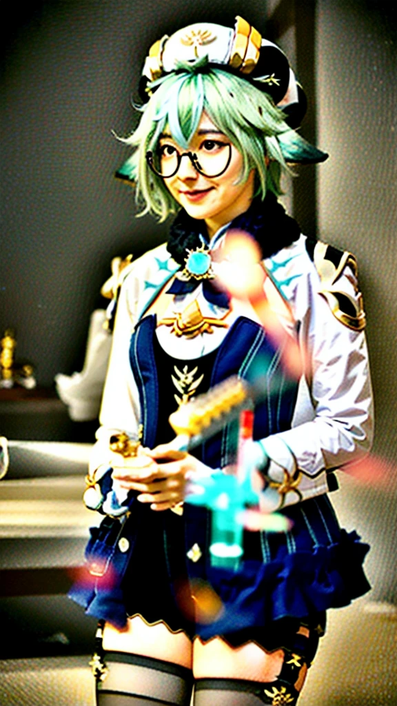 1girl, sucrose \(genshin impact\), smile, vision \(genshin impact\), glasses, green hair, multicolored hair, long hair, ponytail, orange eyes, animal ears, hat, dress, long sleeves, gloves, garter straps, black thighhighs, test tube, dynamic angle, dynamic pose,, (8k, RAW photo, best quality, masterpiece:1.2), High detail RAW color photo, professional photograph, cowboyshot, (realistic, photo realistic:1.37), ((best quality)), (looking at viewer:1.2),