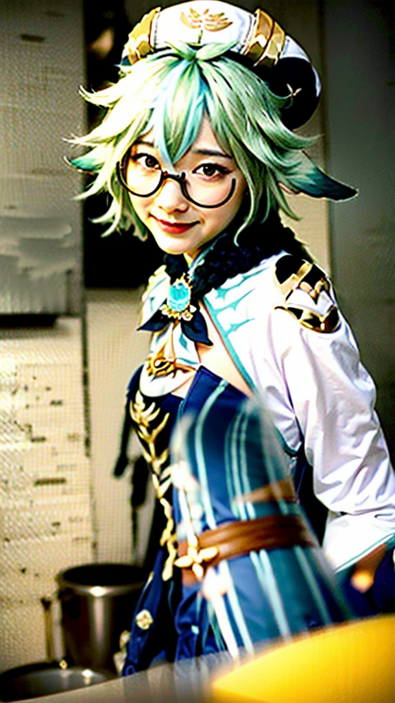 1girl, sucrose \(genshin impact\), smile, vision \(genshin impact\), glasses, green hair, multicolored hair, long hair, ponytail, orange eyes, animal ears, hat, dress, long sleeves, gloves, garter straps, black thighhighs, test tube, dynamic angle, dynamic pose,, (8k, RAW photo, best quality, masterpiece:1.2), High detail RAW color photo, professional photograph, cowboyshot, (realistic, photo realistic:1.37), ((best quality)), (looking at viewer:1.2),