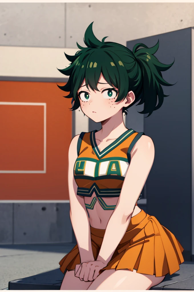 1 girl, Izuku Midoriya girl, female version, genderswap, U.A. CheerUniform, orange crop top, orange skirt, nervous face, stadium backdrop, green long hair, feminine features, feminine body, fine eyes, feminine lips, delicate nails, bright illumination, cinematic illumination, sitting on the grass, legs up, legs bent, raised knees, holding his legs with his hands, frontal view, cowboy shot,  looking at the viewer