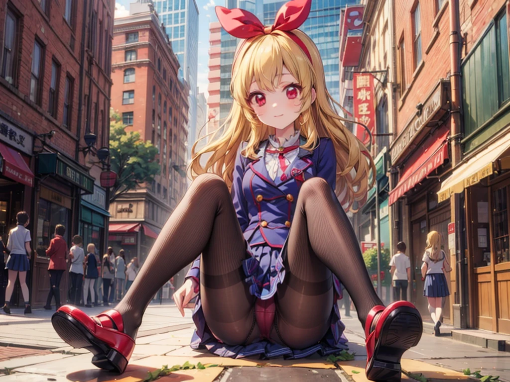 an anime girl wearing a short skirt and sitting on a floor all dressed up,1girl,pantyhose,solo,panties under pantyhose,underwear,panties,long hair,blonde hair,red eyes,,skirt,_breasts,shoes,Ichigo Hoshimiya (Aikatsu!)