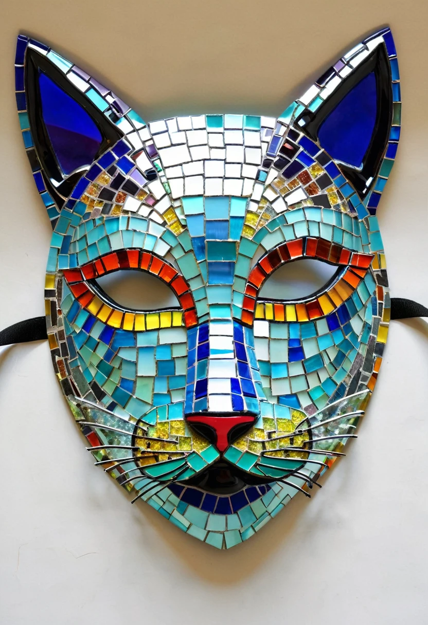Mosaic cat mask created from colorful glass tiles, mirror fragments, and semiprecious stones