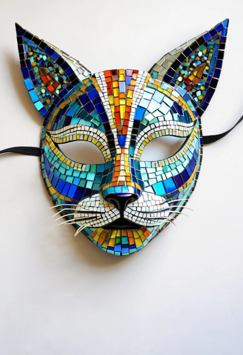 Mosaic cat mask created from colorful glass tiles, mirror fragments, and semiprecious stones