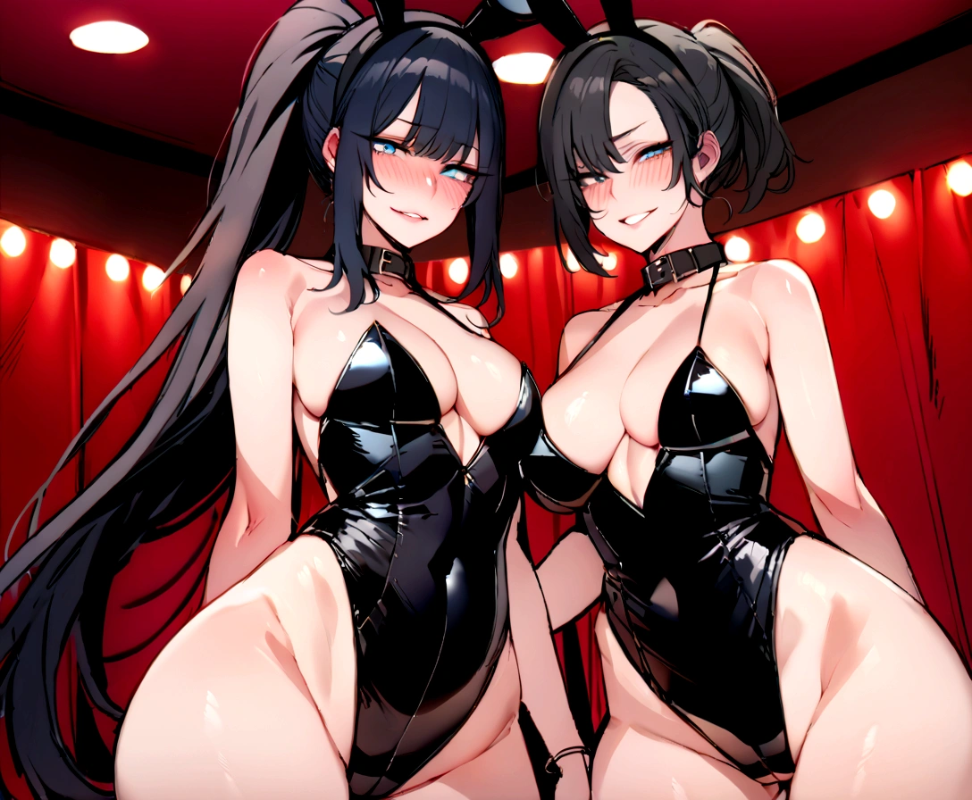 masterpiece, best quality 2girl, beautiful women, bangs, black hair, very long hair, ponytail, blue eyes, deep blush, grin, large breasts, black dog collar, black playboy bunny outfit, cowboyshot, looking at viewer, strip club background