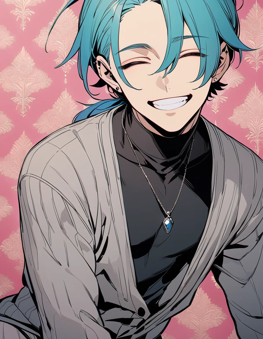 ((((best masterpiece, best quality, wallpaper,)))) solo, guy, male body, small muscles, flat chest, 1male, 30 years old, handsome man, upper body, looking at viewers, beautiful detailed, seductive smile, mediumturquoise hair, ((((Lower short ponytail)))), asymmetrical bangs, ((short hair,)) (((grin, closed eyes, tareme, droopy eyes,))) (((perfect face,))) perfect hands, sharp nose, clear face, black turtleneck, grey cardigan, ((silver piercing, pendant,)) leggings, pink background color ultrasharp, 8K, masterpiece,