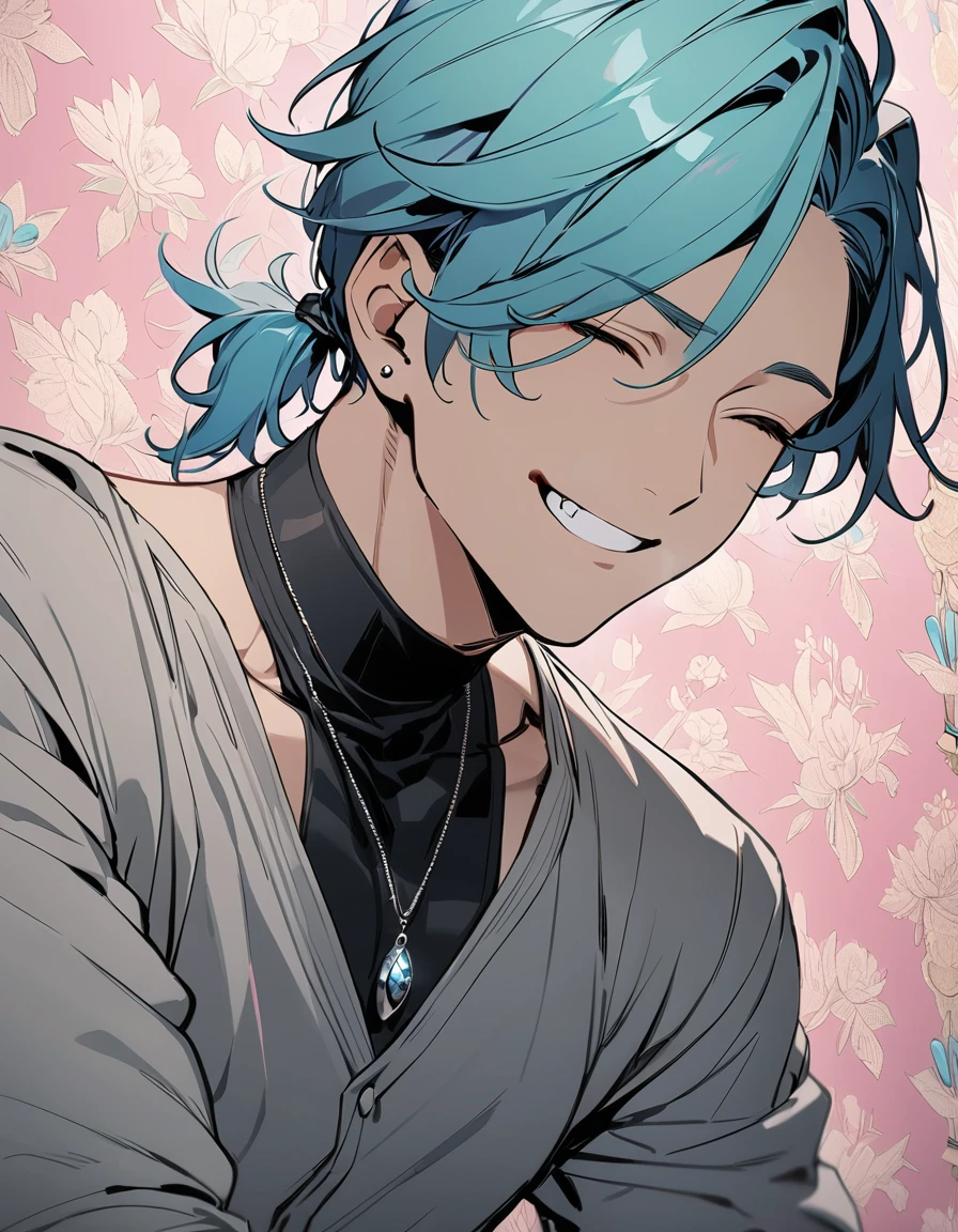 ((((best masterpiece, best quality, wallpaper,)))) solo, guy, male body, small muscles, flat chest, 1male, 30 years old, handsome man, upper body, looking at viewers, beautiful detailed, seductive smile, mediumturquoise hair, ((((Lower short ponytail)))), asymmetrical bangs, ((short hair,)) (((grin, closed eyes, tareme, droopy eyes,))) (((perfect face,))) perfect hands, sharp nose, clear face, black turtleneck, grey cardigan, ((silver piercing, pendant,)) leggings, pink background color ultrasharp, 8K, masterpiece,