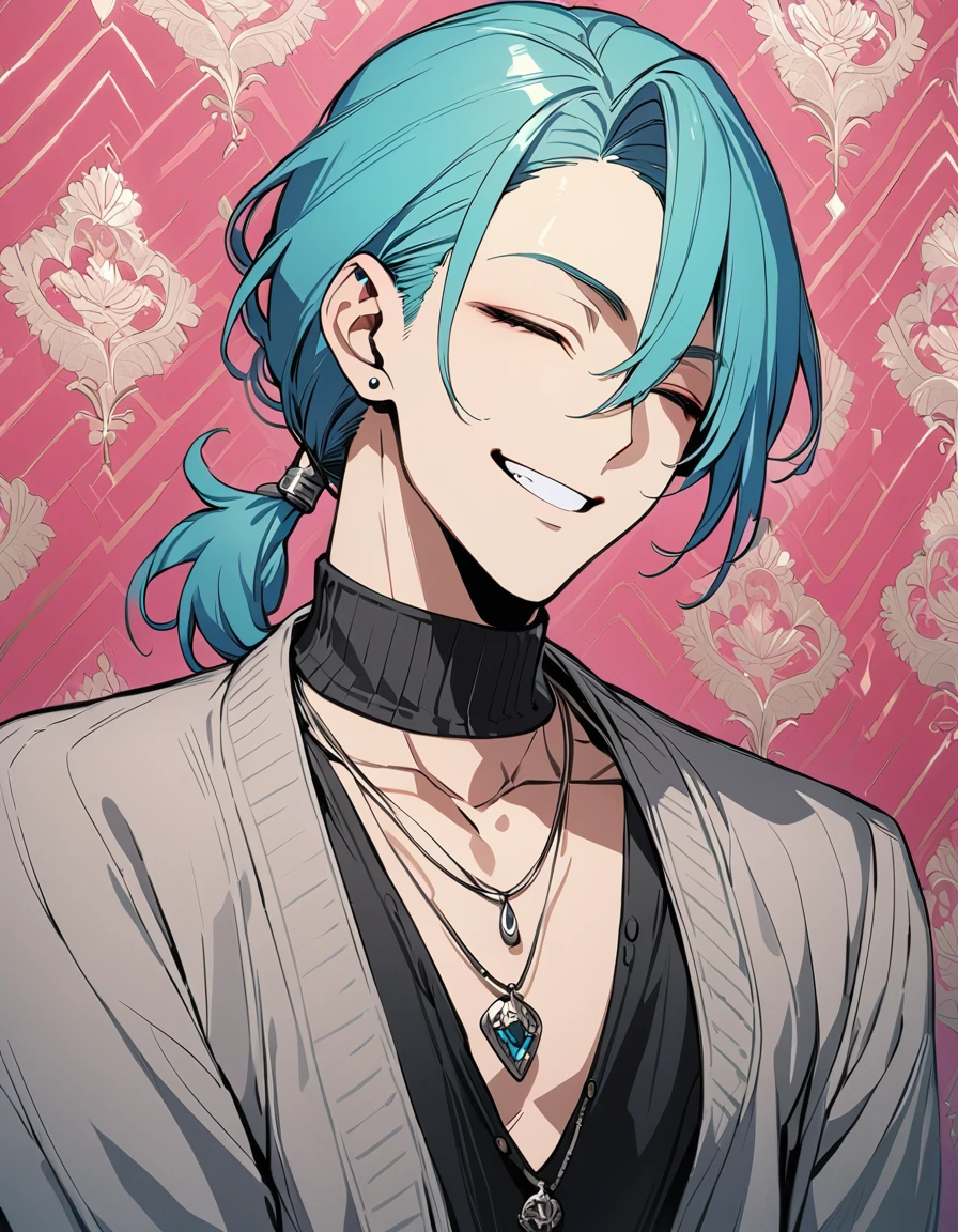 ((((best masterpiece, best quality, wallpaper,)))) solo, guy, male body, small muscles, flat chest, 1male, 30 years old, handsome man, upper body, looking at viewers, beautiful detailed, seductive smile, mediumturquoise hair, ((((Lower short ponytail)))), asymmetrical bangs, ((short hair,)) (((grin, closed eyes,  tareme, droopy eyes,))) (((perfect face,))) perfect hands, sharp nose, clear face, black turtleneck, grey cardigan, ((silver piercing, pendant,)) leggings, pink background color ultrasharp, 8K, masterpiece,