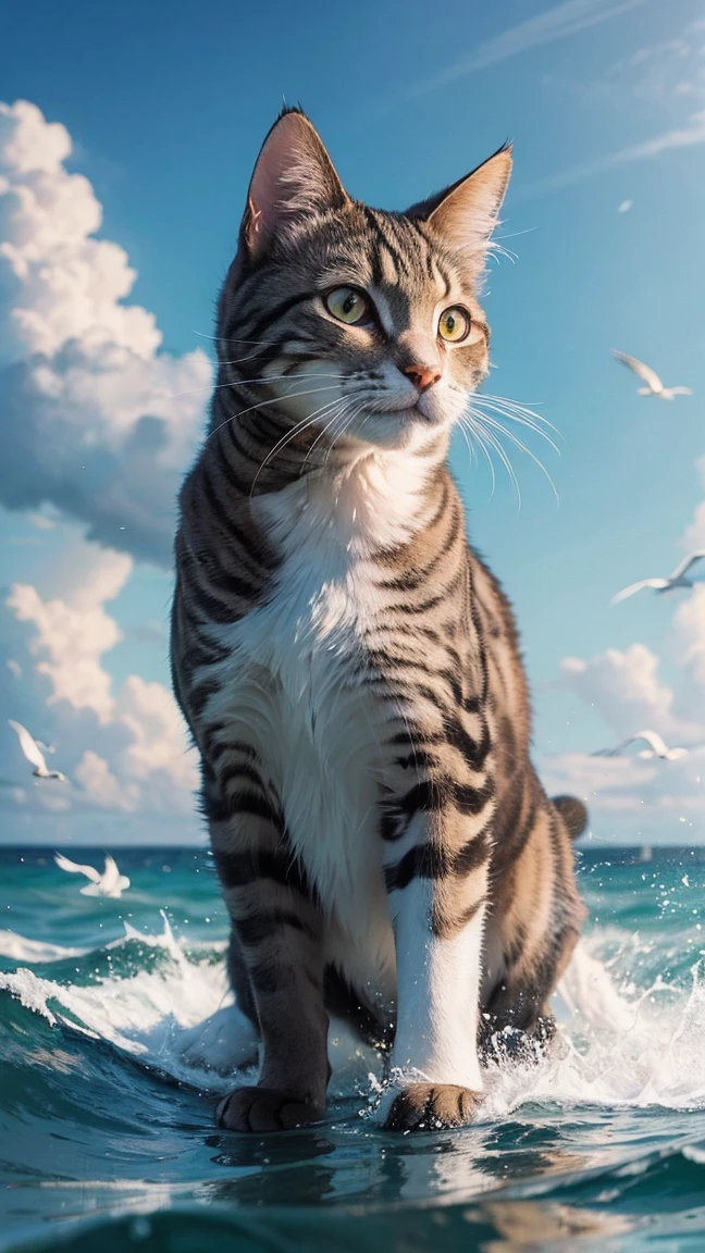 "A cat driving a motorboat on the ocean, front view, background includes the motorboat, ocean waves, sky, and seagulls, high detail, realistic, vibrant colors, dynamic scene"