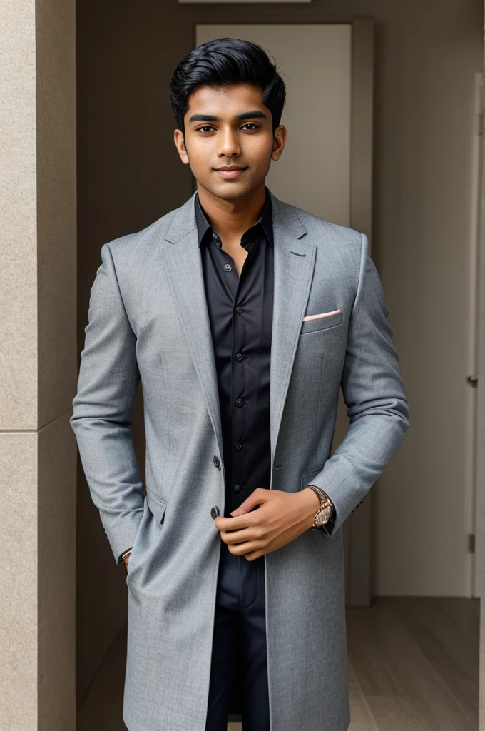 21 year old indian boy With fair skin and narrow body Posing for a linkedin picture in formals coat 
