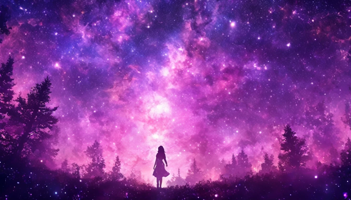 beautiful girl, A captivating cosmic view featuring a constellation shaped like a mystical forest, with intricate patterns in enchanting tones of purples, pinks, and whites. best quality, masterpiece, ultra-detailed, 8k, depth of field, cinematic composition, Light Celestial radiance, with the vibrant hues