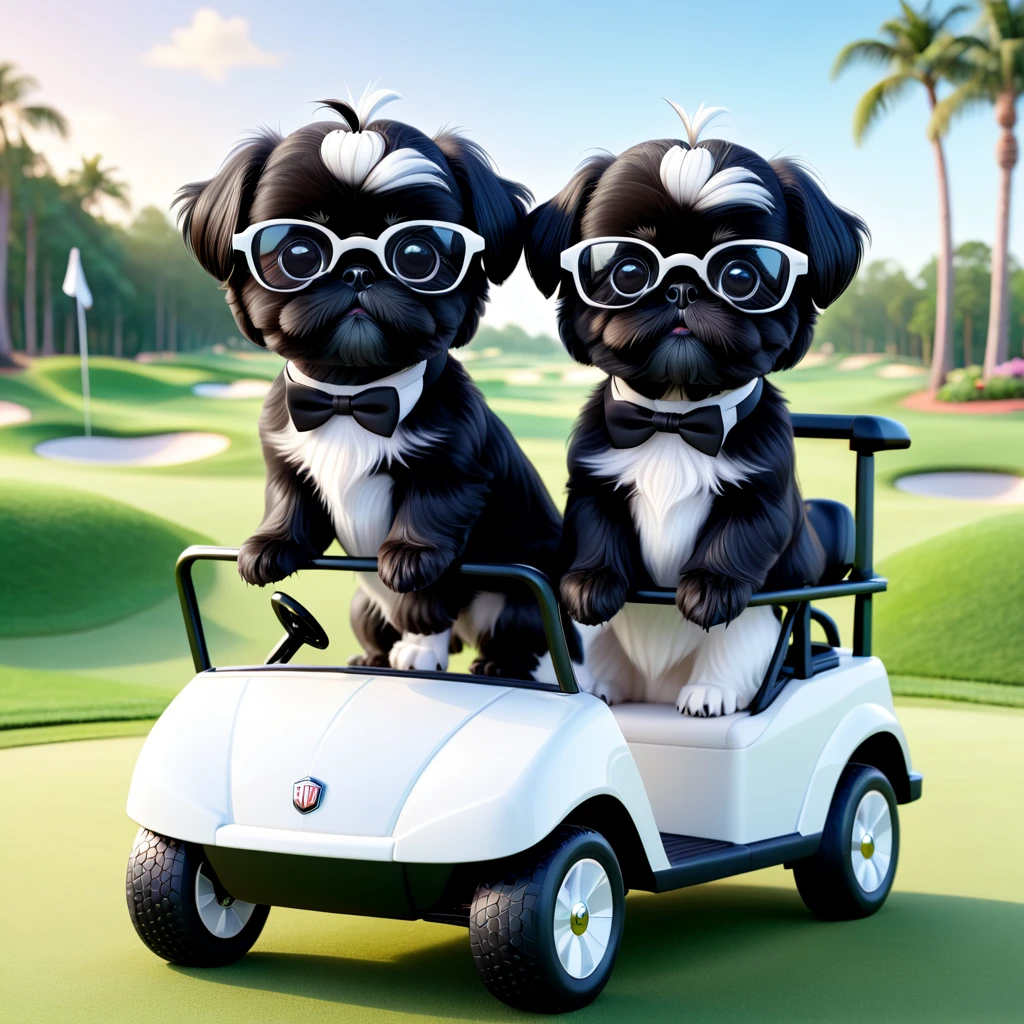 2 Adorable small black Shih Tzu puppies wearing white and black glasses driving a golf cart Disney background 3d cartoon 3d render disney pixar style
