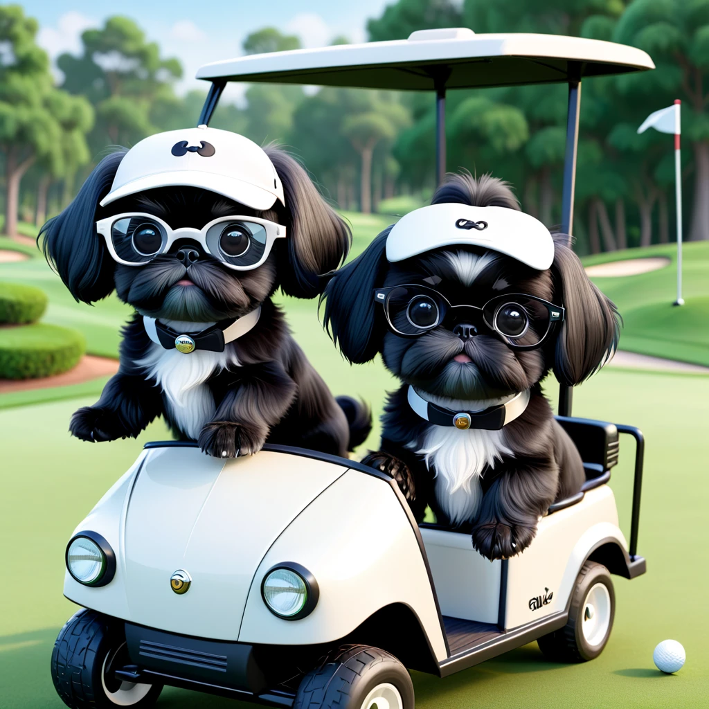 2 Adorable small black Shih Tzu puppies wearing white and black glasses driving a golf cart Disney background 3d cartoon 3d render disney pixar style
