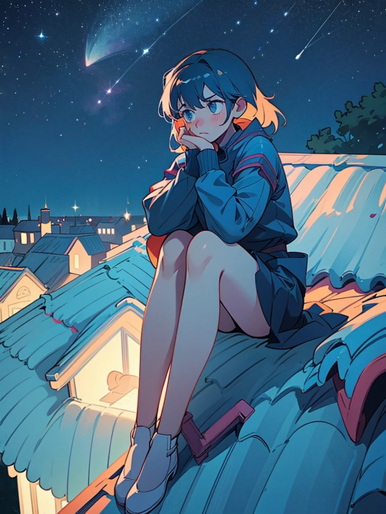 Girl sitting on the roof of a house, clasping your knees with your hands, and looks thoughtfully at the night sky, Star-studded. She's wearing a cozy sweater and her favorite cat socks.. Nearby there is a mug with still warm cocoa. The camera is located from bottom to top