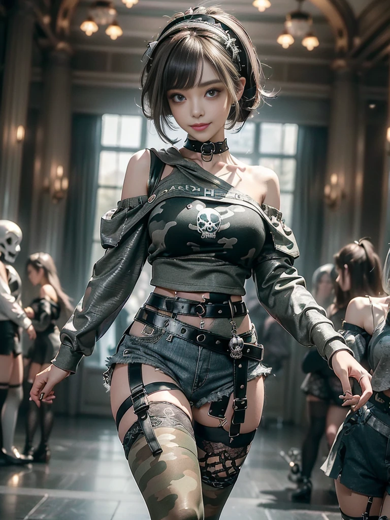 (Side view:1.1)、(Beautiful skin, lips and nose:1.4)、(Smiling with teeth showing:1.3),(Fashion Model:1.5)、(Gothic ta delicately decorated battle uniform:1.5)、(Moss green off-shoulder hoodie:1.5)、(Black, silver and white shorts:1.4)、(denim garter belt:1.5)、(Black and camouflage knee socks:1.3)、(Skull Silver Accessories:1.5)、(Lace collar:1.3)、(Brown Skin Belt:1.4)、(Brown boots:1.2)、(Underwear has polka dots:1.4)、23 years old、((Highest quality、In 8K、masterpiece:1.3))、Sharp focus:1.2、(Layered Cut、Huge boobs:1.1),Beautiful woman with perfect figure:1.4、(Dancing vigorously:1.3)、Slender Abs:1.2、Highly detailed face and skin texture、Detailed eyes、double eyelid,(Bob Hair:1.3)、(Brown Hair:1.3)、Gravure idol、(The background is a luxurious dance hall.:1.3)、(Slim body:1.2),(Make your legs thinner:1.4),(clavicle:1.1)