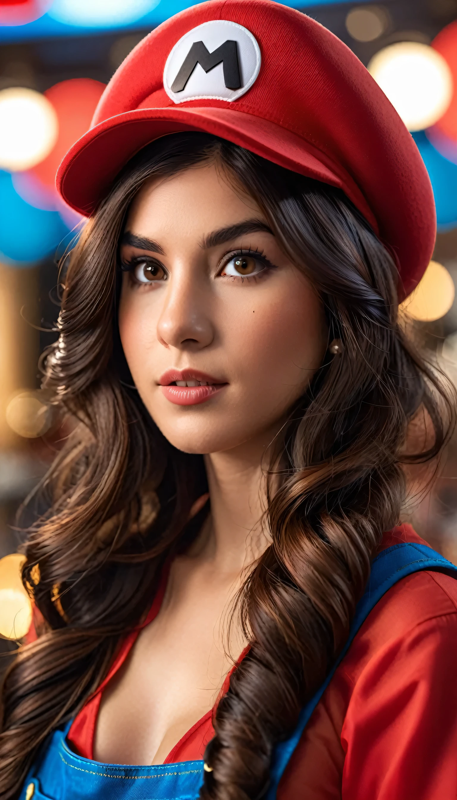 Film Photo Portraits  (((Dark brown hair woman))) Super Mario, Red Hat, fantasy, Very detailed, number, Art Station, Concept Art, Clear focus, illustration, Tony Sart、Artwork by artgerm and randy vargas  . 35mm Photo, , Bokeh, professional, 4K, Very detailed