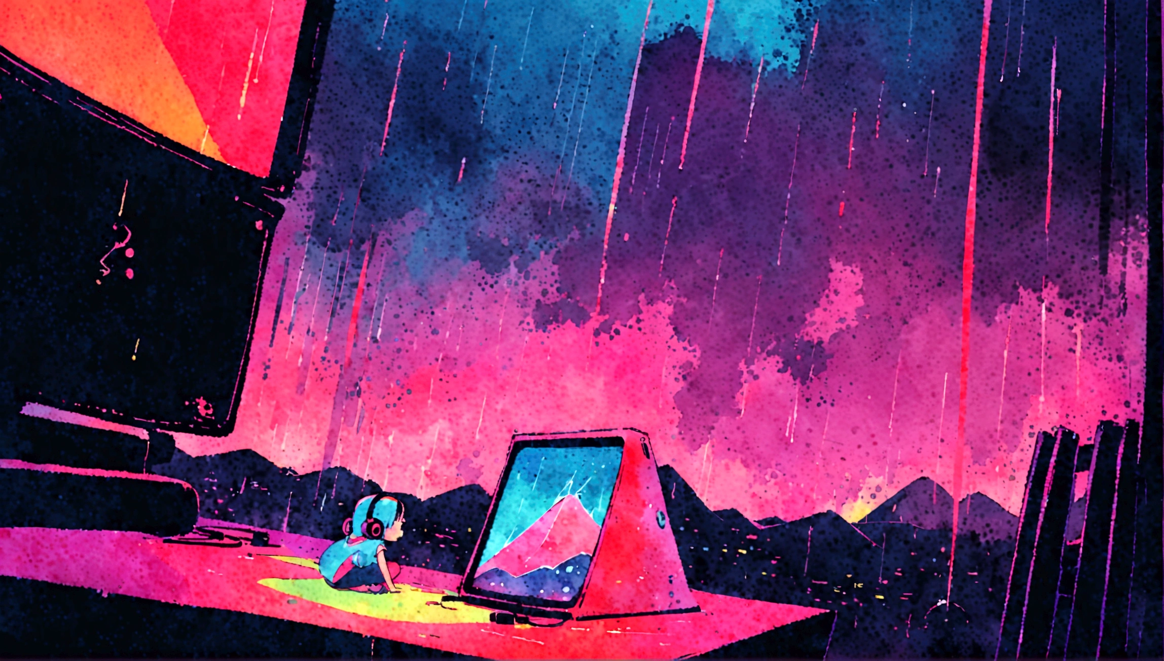 (zero), Girl studying in room, Reading a book, Wear headphones, , night lighting, Neon scenery on a rainy day,Analog Color Theme, Lo-fi Hip Hop , review, flat, 2.5D ,Draw a line, Ink painting, Large slope, Watercolor, Goosh Colors, Studio Ghibli style, Great colorful, Outerton, Synthwave, Lofi Art,90s Style,Old Texture, amplitude,90s vibe, Tabletop, Great technology, 16:9 Scale