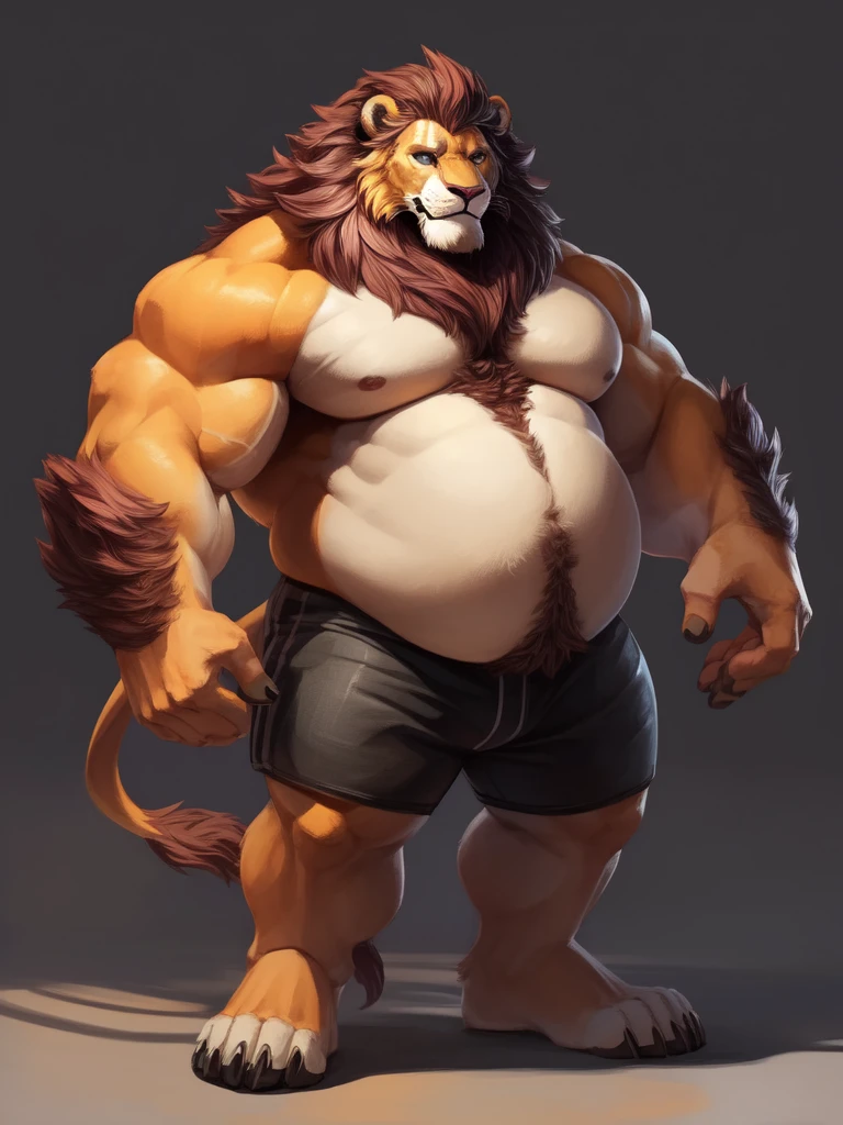 lucusold, lanxus, a man with a huge belly, furry lion, fat ripped , thicc, lowres, giant and fat, danbooru and artstation, heavy detailed, insanely inflated hips, topless, shorts, proportionally enormous arms, fluffy chest, commission for high res, detailed but rough, semirealistoc:1.3