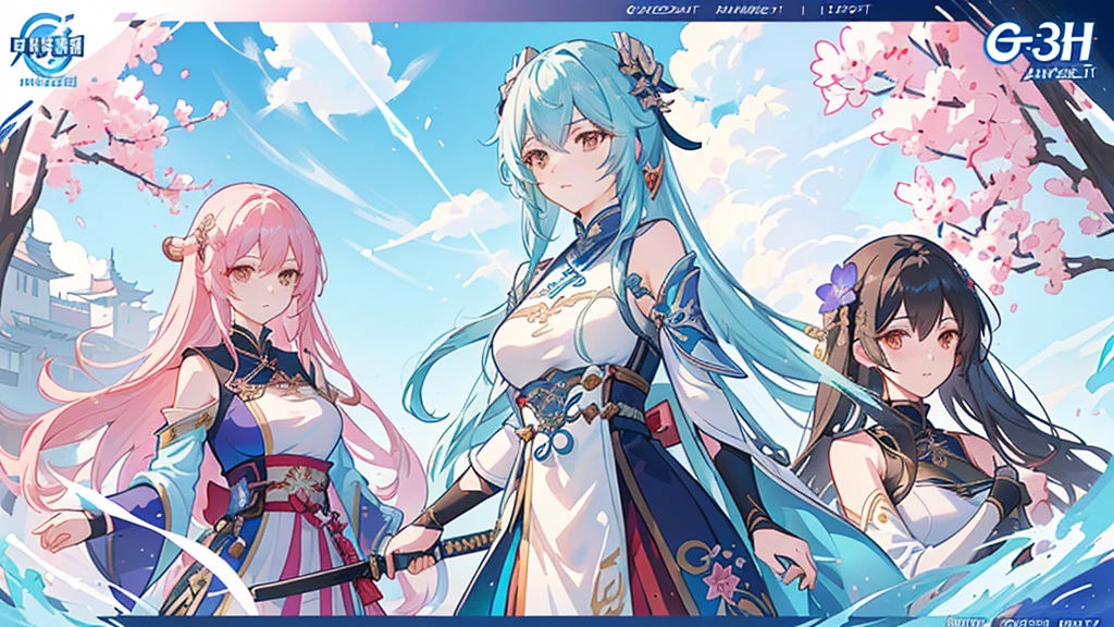Poster close-up:A group of women holding swords, Kushat krenz key art feminine, Popular on cgstation, 2. 5D CGI anime fantasy artwork, Genshin Impact, Game CG, Official Art, pixiv 3dcg, by Qu Leilei, Official Artwork, Kushat, Anime Cover, xianxia hero, Official concept art