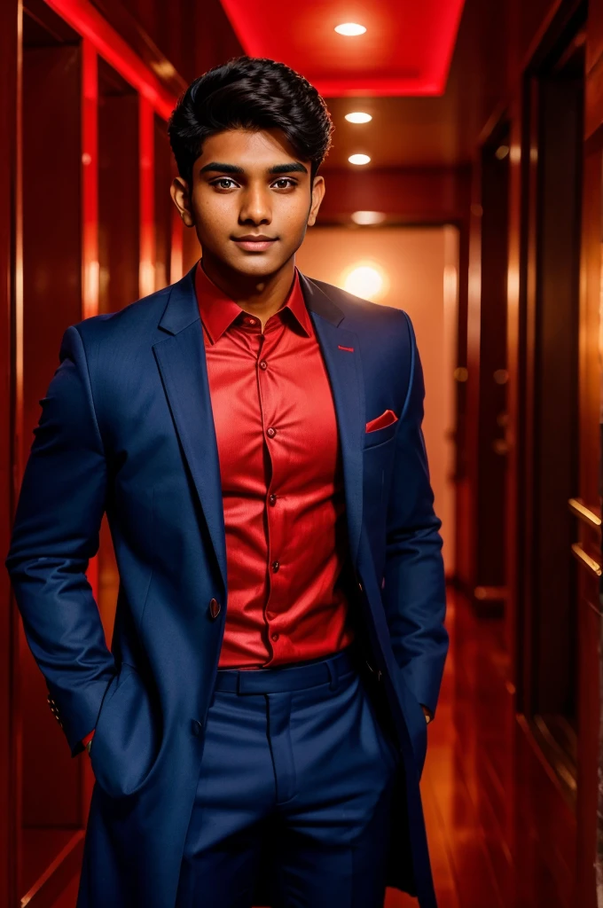 21 year old indian boy With fair skin and narrow body Posing for a linkedin picture in formals coat and red light in background