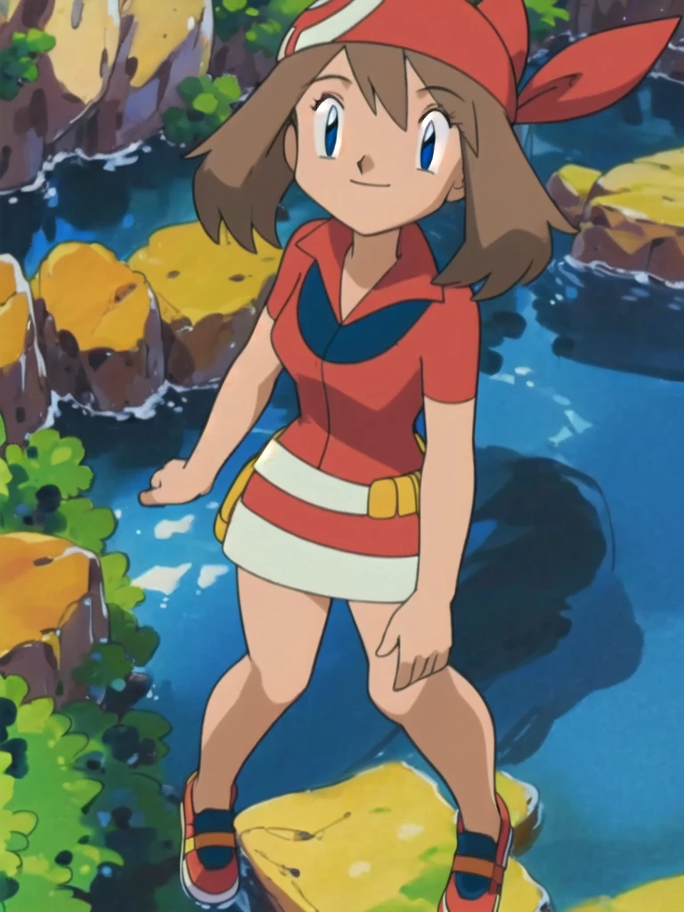 (masterpiece,asbsurdres,highres,best quality:1.2),1girl,solo,may \(pokemon\),outdoors,looking at viewer,smile, fanny pack