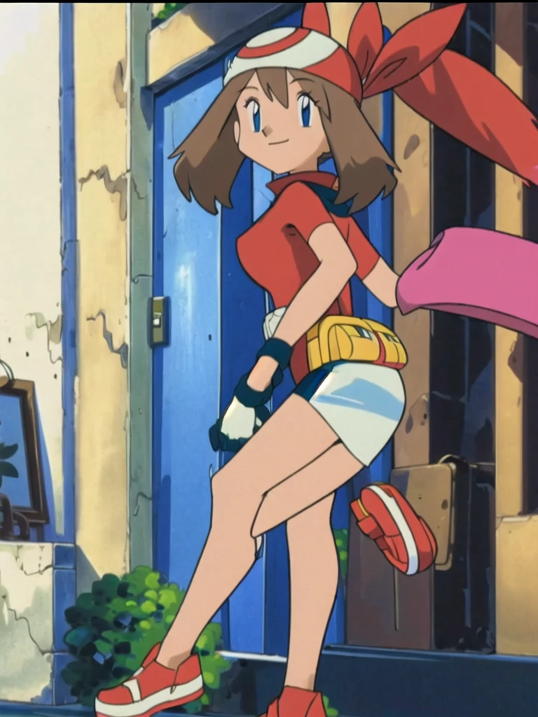 (masterpiece,asbsurdres,highres,best quality:1.2),1girl,solo,may \(pokemon\),outdoors,looking at viewer,smile, fanny pack