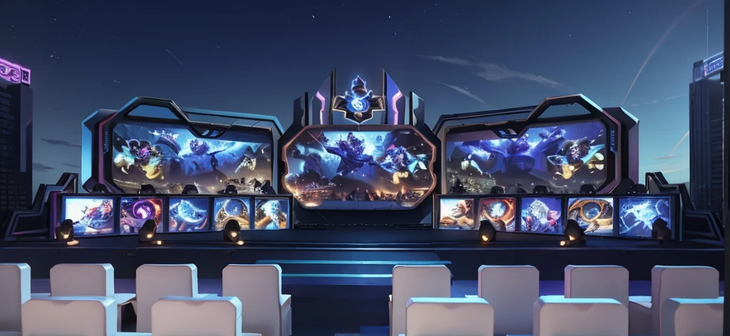 (best quality,4K,high resolution), Design an outdoor stage for the e-sports competition of League of Legends, featuring three large LED screens displaying game characters and two long tables in front. The entire scene is designed to be full of vitality, with blue as its main color tone. There will also be some white chairs arranged around it. On one side of each table there should be several girls sitting down playing games in the style of League of Legends. They look happy while having fun together.