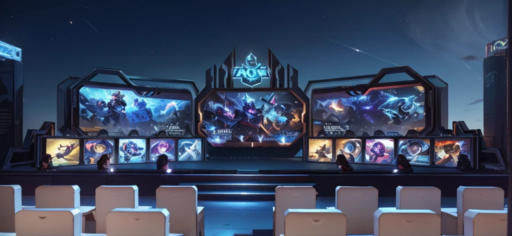 (best quality,4K,high resolution), Design an outdoor stage for the e-sports competition of League of Legends, featuring three large LED screens displaying game characters and two long tables in front. The entire scene is designed to be full of vitality, with blue as its main color tone. There will also be some white chairs arranged around it. On one side of each table there should be several girls sitting down playing games in the style of League of Legends. They look happy while having fun together.