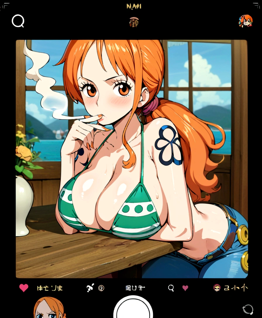 Generar una imagen realista de estilo anime de Nami de One Piece. Captura su apariencia distintiva con cabello naranja, and a cheerful expression. Make sure the picture reflects your adventurous and confident personality as shown in the anime.., cuerpo completo, Plano amplio , NSFW, Curvy athletic body, ojos naranjas, ojos naranjas, armpits, nude, desnudo, bathing, ducha, night, ass, culo