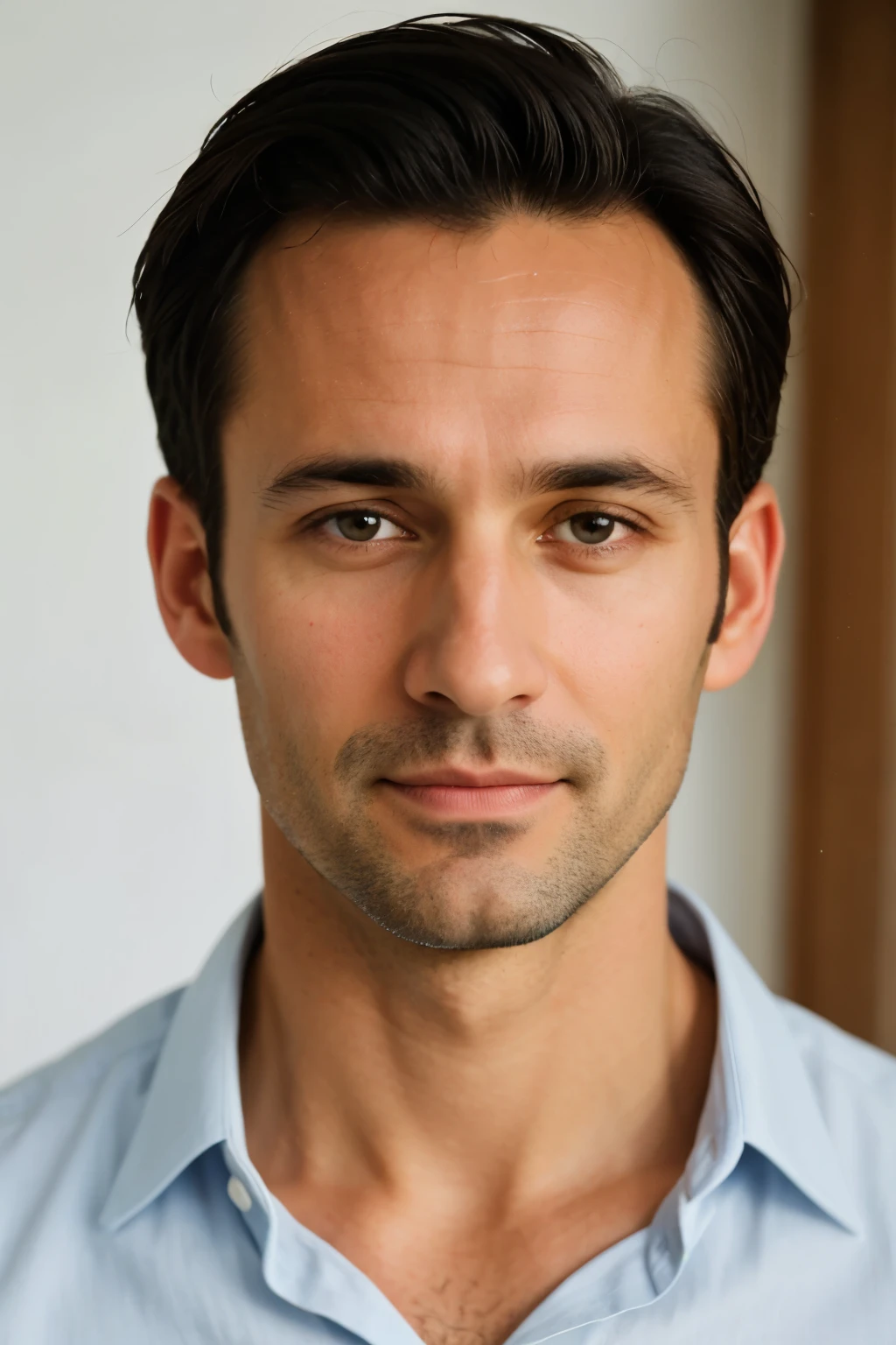 Image in colour. Portrait of a very handsome man of 40 years old, European appearance. Standing straight, arms at the seams, shoulders straight, body straight, head straight, looking straight in front of him. Serious expression of the face. Bust. Full-face. He's posing for a passport photo. The main thing is to maintain a neutral frontal pose with an upright head and open eyes, with the face clearly visible and centred in the frame. Both ears are visible.
