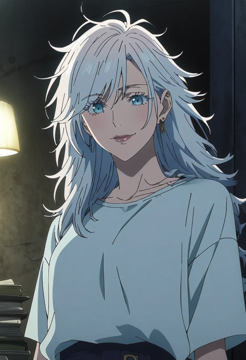 1girl, female gojo satoru, anime screencap from jujutsu kaisen, gojo satoru female version, solo, long_hair, blue eyes ((White_hair, messy hair)), night view, (hanging breasts) upper_body, smile, indoors, book, blue_eyes, lips, (slight messy hair) ((wearing casual outfit)) breast, "very detailed and high resolution" (blue eyes) ((long messy hair)) ((solo)) (front view) (earings) ((high resolution)) ((good quality)) ((swept bangs)) (wearing round sunglasses))