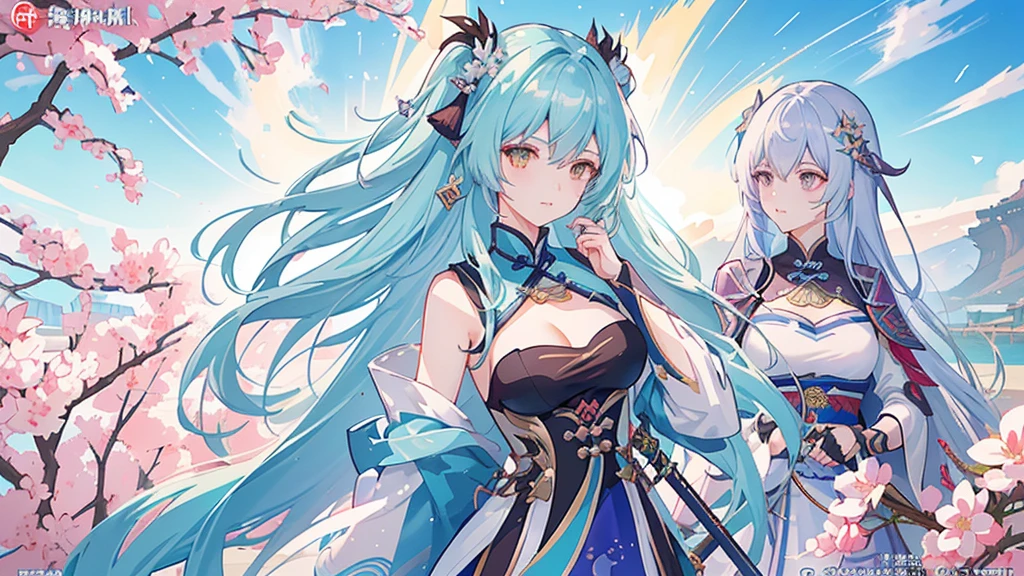 Poster close-up:A group of women holding swords, Kushat krenz key art feminine, Popular on cgstation, 2. 5D CGI anime fantasy artwork, Genshin Impact, Game CG, Official Art, pixiv 3dcg, by Qu Leilei, Official Artwork, Kushat, Anime Cover, xianxia hero, Official concept art