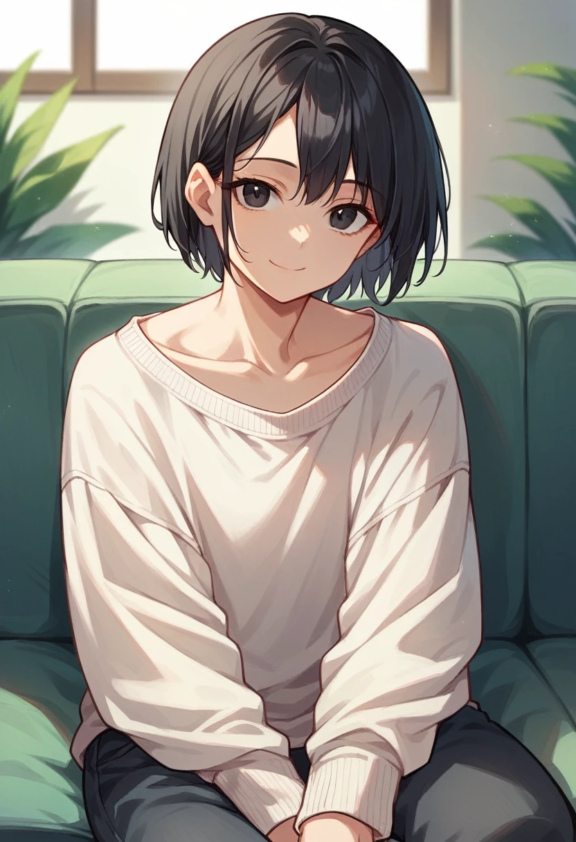 Accurate describe shapes, collarbone, straight hair, short hair, black hair, black eyes, sweater, pants, oversized clothes, solo, close-up, solo, sitting, sofa, indoors, looking at viewer, smile