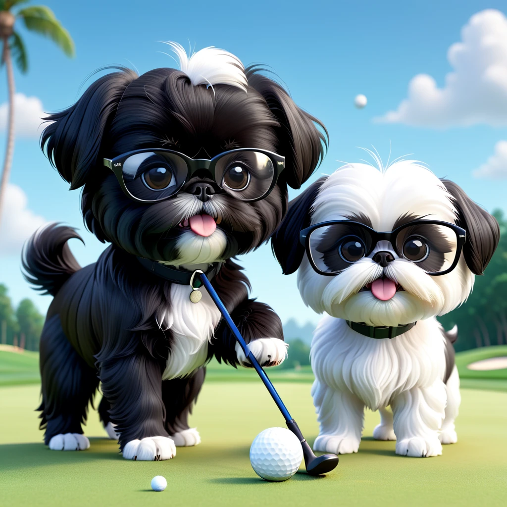 2 Adorable small black Shih Tzu puppies wearing white and black glasses playing golf Disney background 3d cartoon 3d render disney pixar style