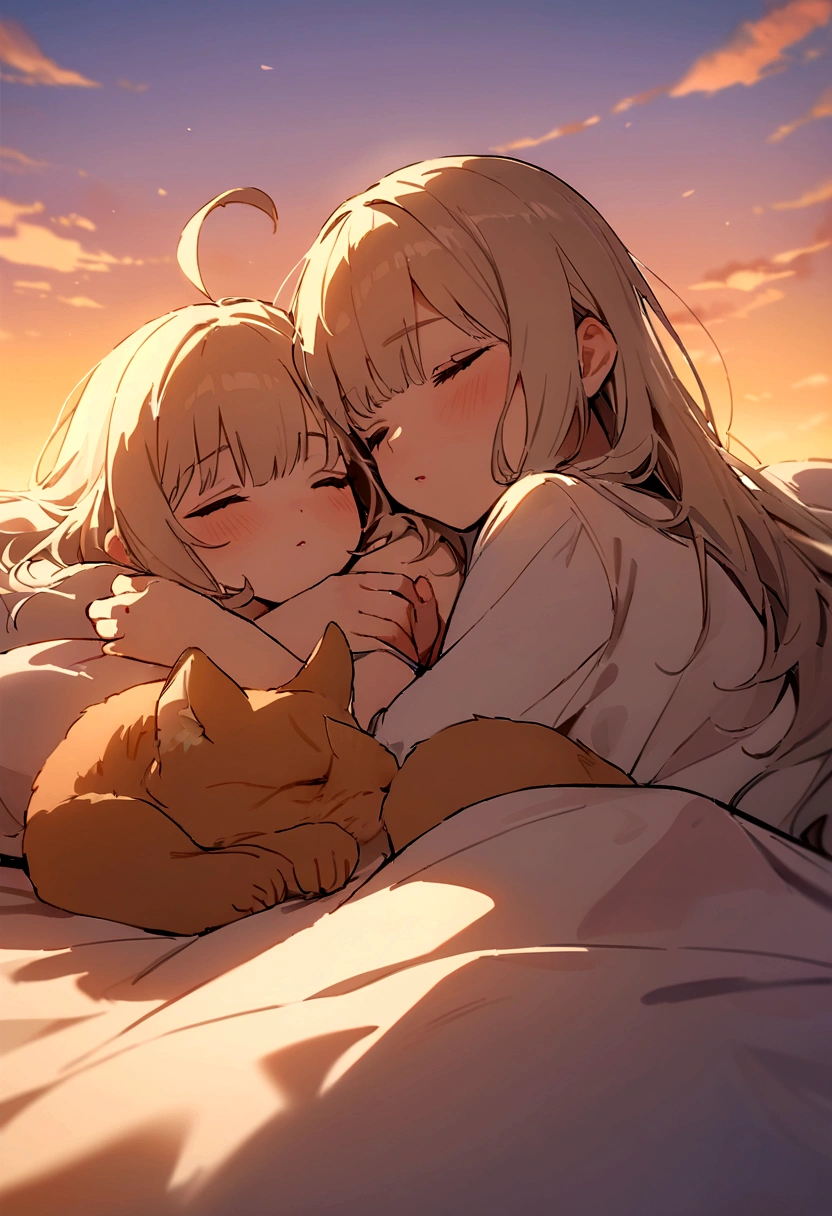 With the sunset in the background,(masterpiece:1.2, high quality), Kittens sleeping together in bed、