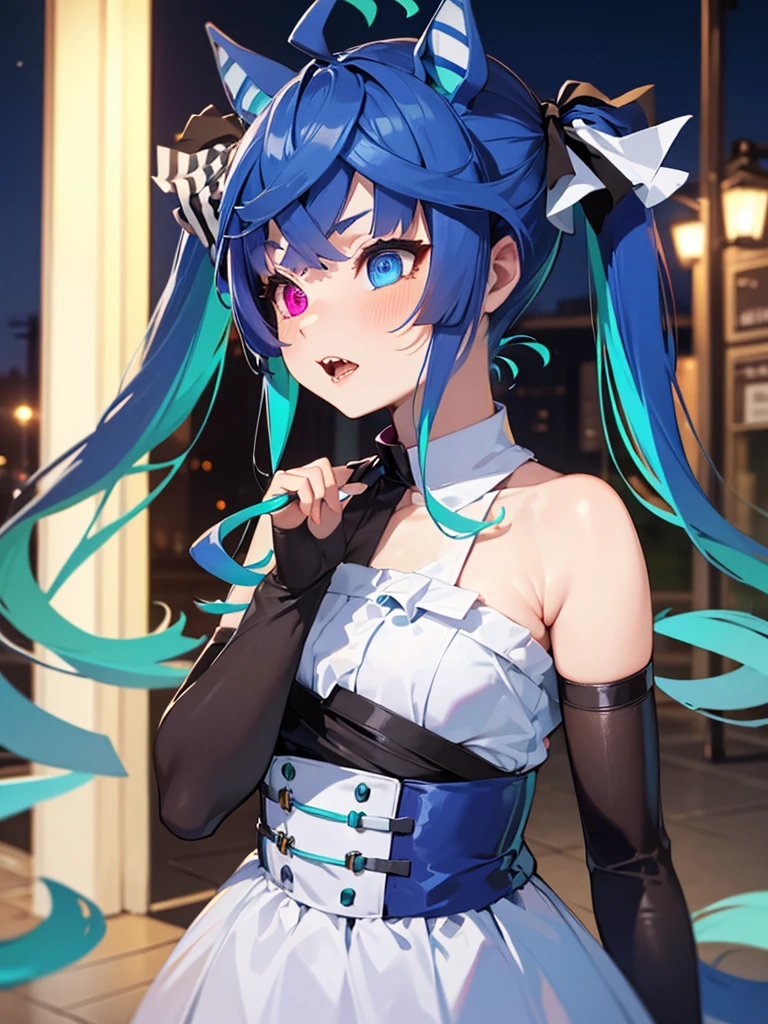 (Masterpiece, best quality, high res、highly detailed cg: 1), slut, lipstick、Night town, Twin_Turbo_Umamusume, aqua hair, twintails, heterochromia, purple eyes, blue eyes, sharp teeth, flat chest, hores tails