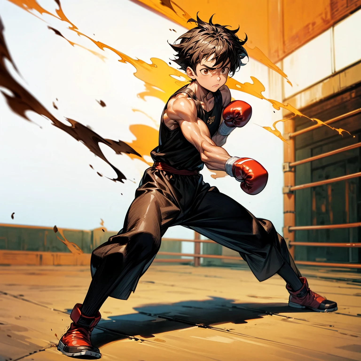 1boy, Full body version, 1character, brown eyes color, tan skin, bowl hairstyle, black colour hair, muscle, Boxing outfit clothing, boots, Grassroots background in city, motion blur, (one piece style art), shadow, no weapon, boxing gloves, boxing, Plasma effect, smoke effect, Gestures are tired, tired, his tired