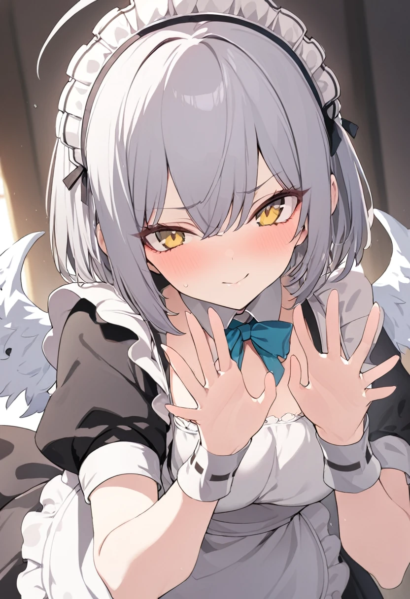 1 Girl,Maid clothes,Gray Hair,Wink,short hair,Beautiful Hands,Highest quality,masterpiece,Beautiful composition、Yellow eyes、Serious