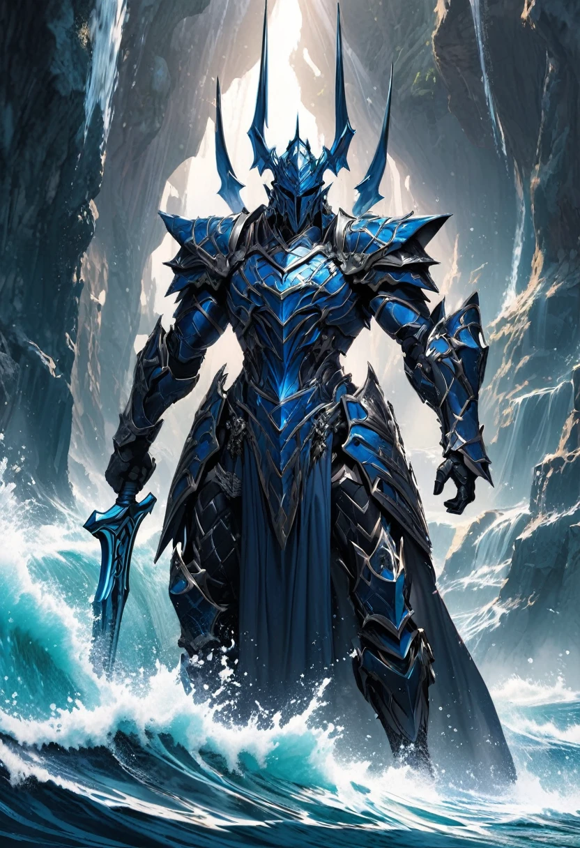 extremely detailed medium armor that is blue & black based off of Poseidon wielding a trident surrounded by magical water