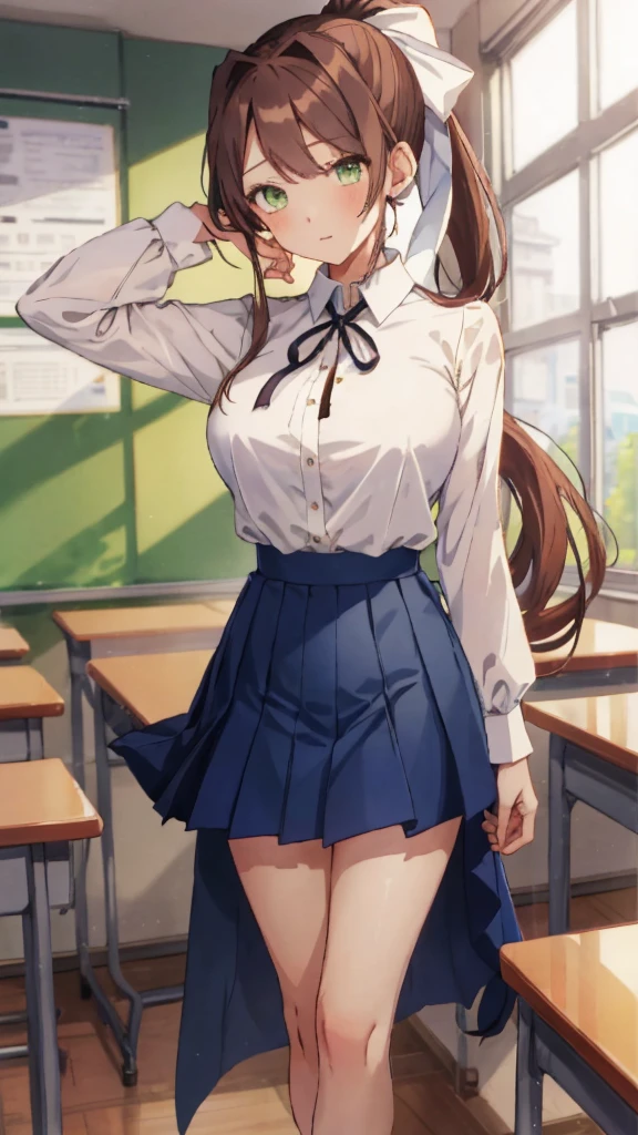 masterpiece, highest quality, anime, very detailed, 1 girl, alone, , Are standing, classroom, Monica, green eyes, brown hair, very long hair, ponytail, hair ribbon, white ribbon, 、very short dark blue skirt,、barefoot、facing the viewer directly、lightly dressed、big breasts that are firm、uniform、