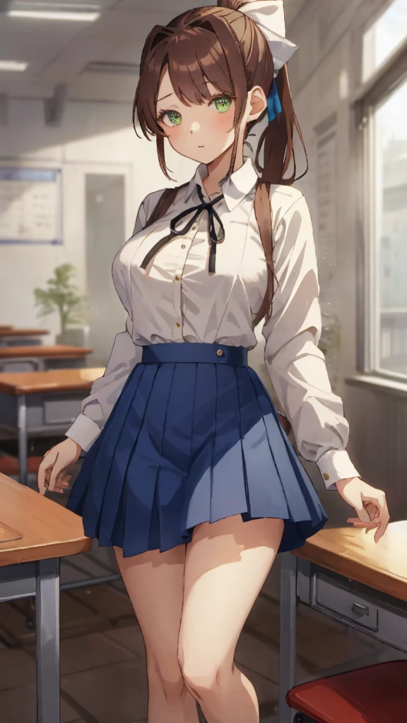 masterpiece, highest quality, anime, very detailed, 1 girl, alone, , Are standing, classroom, Monica, green eyes, brown hair, very long hair, ponytail, hair ribbon, white ribbon, 、very short dark blue skirt,、barefoot、facing the viewer directly、lightly dressed、big breasts that are firm、uniform、