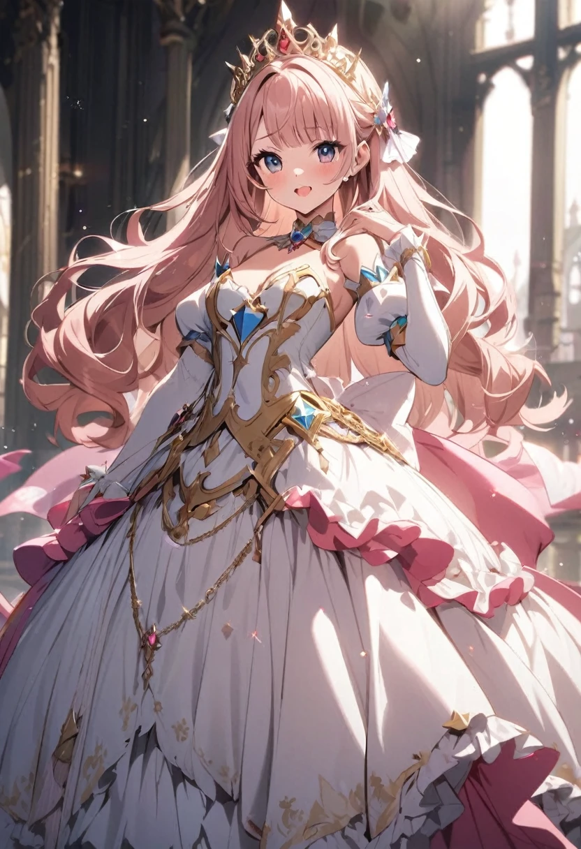 ((Superbly detailed drawing, ultra detailed, exquisite quality, absolutely resolution)), (((young face solo princess))), (((Unsurpassed gorgeous rococo victorian gown with voluminous huge hoopskirt and long hems, princess style skirt:1.5))), ((transparency gown, fluffy and full of pleats skirt:1.3)), (Super detailed and intricate exquisite design gown:1.5), ((overwhelming amount many ruffles with ribbons with intricate lace with Super detailed and intricate embroidery gown:1.9)), ((huge breasts, breasts cleavage)), (ponytail, fluffy long Expressive, hair pink hair), super voluminous long hair, hair ornament tiara, happy smile, (((curtsey:2))), (blurry background, depth of field:1.5), super detailed skin, super delicate and beautiful face, (eyes blue eyes), (backlighting, particle effect, caustics), (((sharp focus))), ((deep fog, water city, fantasy castle)), (fisheye lens:0.9:magnificent panorama view, dynamic angle, dutch angle:1.3), ((full body)),
