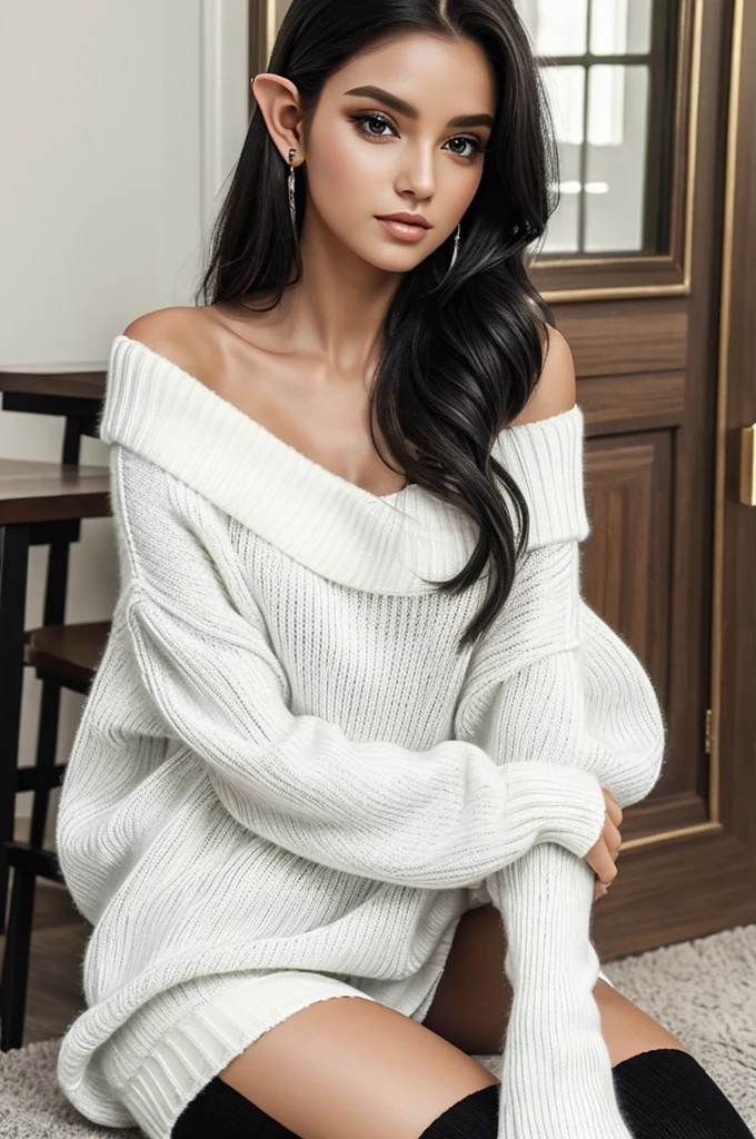 ((better quality)), ((masterpiece)), off-shoulder black long sweater, white long shiny hair, elf ear, pretty, long white socks