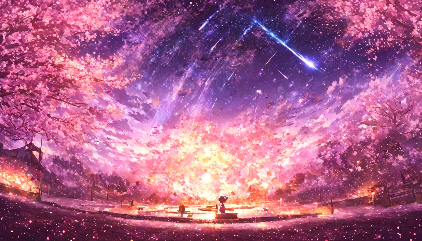 masterpiece, Concept Art, Panorama, in the center, shape, Wide Shot, garden, night, (meteor), Space galaxy background, (Great composition, Epic scale), Dynamic Lighting, Bright colors, cherry blossoms,1 Girl,