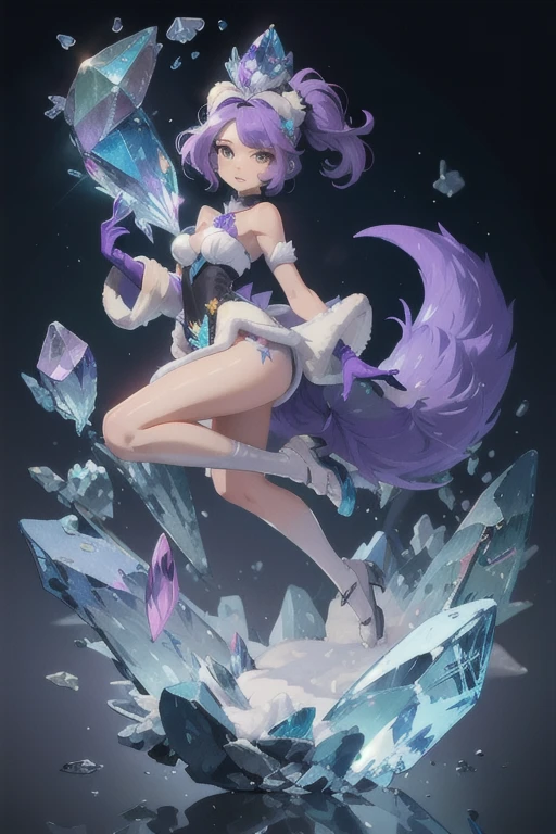 ((best quality)), ((masterpiece)), (detailed), animated purple and grey color fox, purple and grey color crystal fur, crystal shaped tail, large crystal on its head